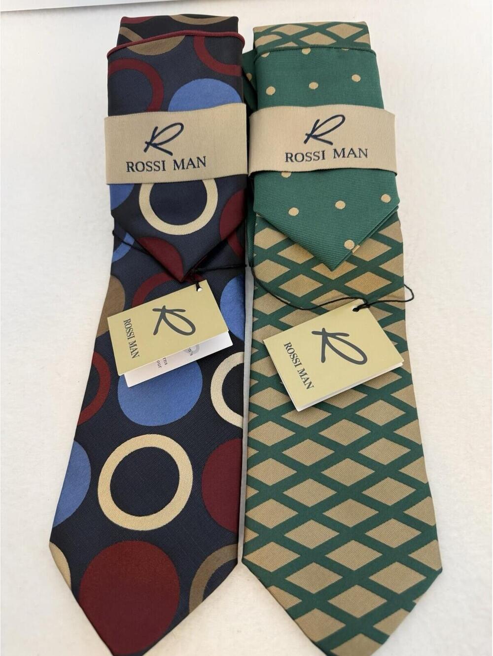2 Rossi Man Silk Multicolored Geometric Tie & Hankie Pocket Square NWT